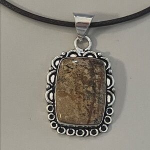 Picture Jasper Pendant on 18” leather chain Necklace - NEW